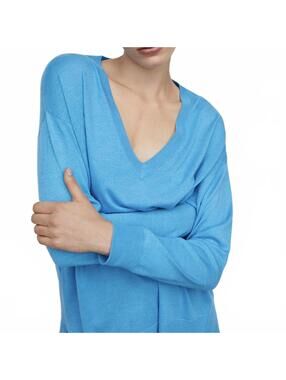 Mango V-Neck Pullover with Slits Lombia Jersey Blue NWT Size XS